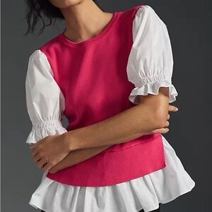 Anthropologie Layered Poplin-Sleeve, Pink and White Ruffle Blouse